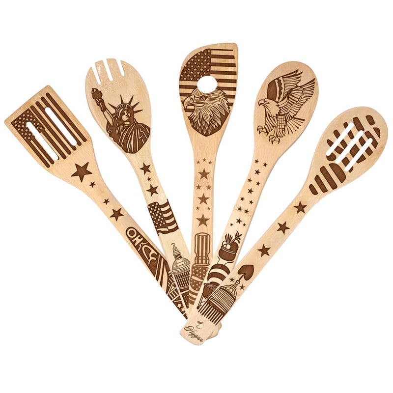 HYGNN Make American Great Again! American Flag Iconic Architecture Gift Idea Cooking Serving Utensils Natural Bamboo Kitchen House Warming Presents Slotted Wooden Spoons for Cooking Utensils Set of 5 - Image 4